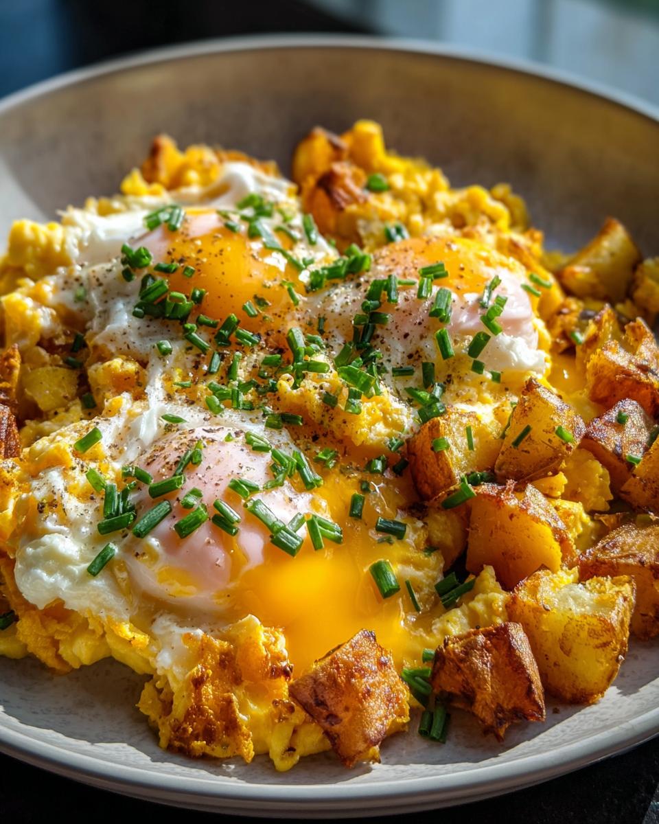 A hearty breakfast plate featuring sunny side up eggs over scrambled eggs and crispy home fries, topped with fresh chives.