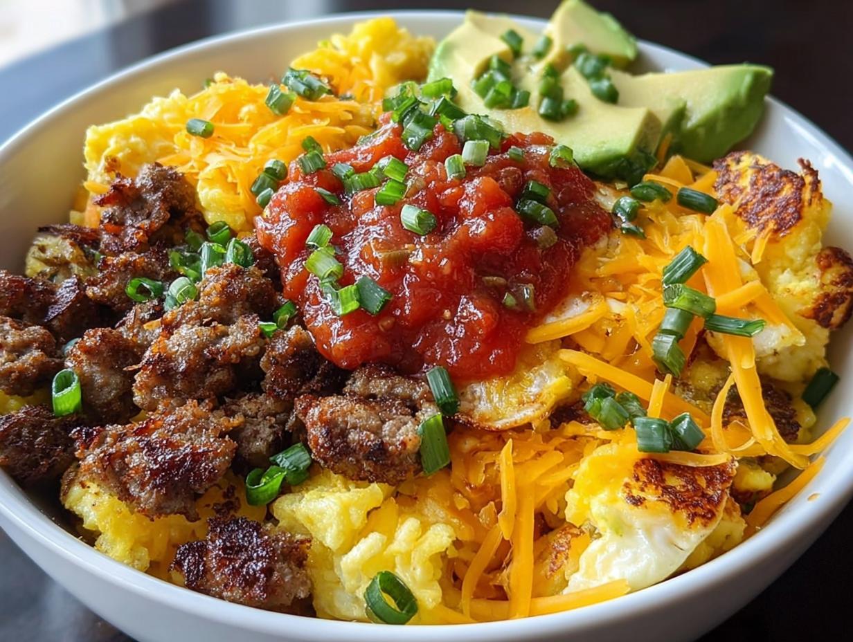 Close-up of a hearty breakfast ideas recipe bowl with scrambled eggs, sausage, salsa, cheese, and avocado.