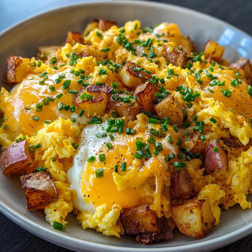 A bowl filled with scrambled eggs, sunny-side-up eggs, crispy potatoes, and topped with chives, perfect for breakfast ideas recipes.
