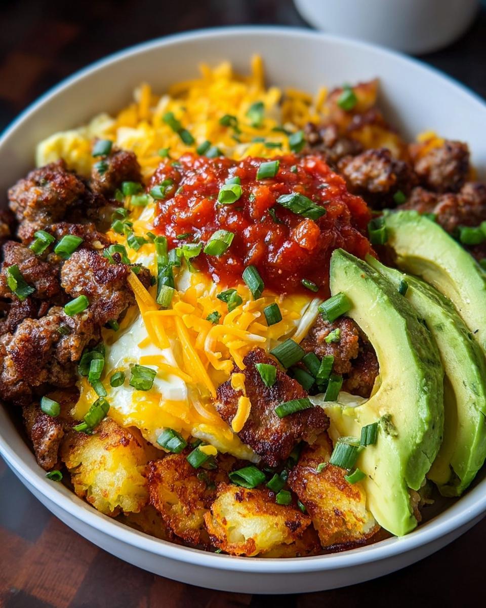 A close-up of a savory breakfast ideas recipe bowl featuring tater tots, sausage, egg, salsa, cheese, and avocado slices.