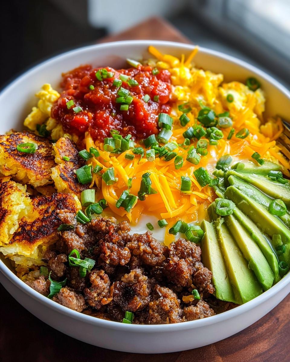 A colorful breakfast bowl featuring scrambled eggs, sausage, avocado slices, salsa, and cheese, showcasing why everyone loves this breakfast ideas recipes.