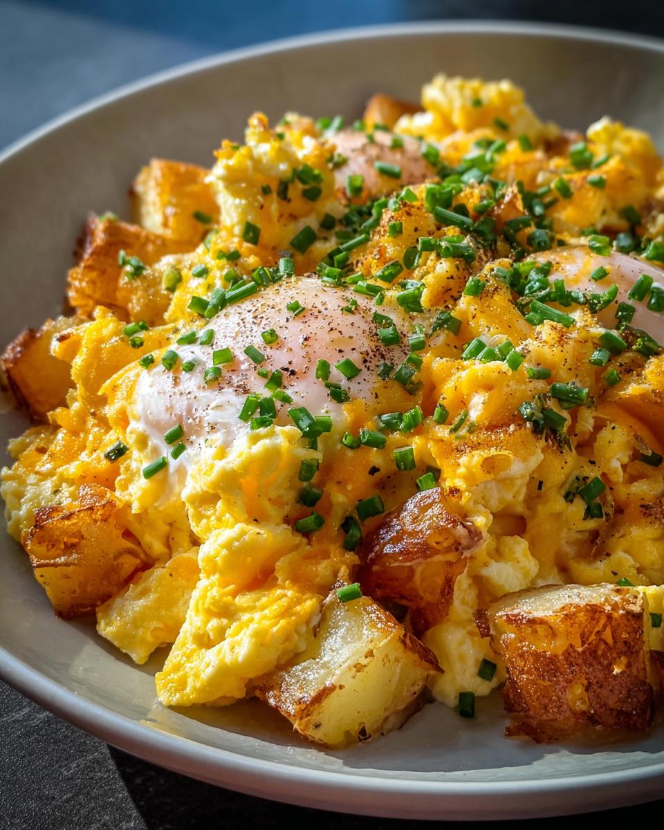 A bowl filled with fluffy scrambled eggs, crispy roasted potatoes, and topped with fresh chives, a perfect breakfast ideas recipe.