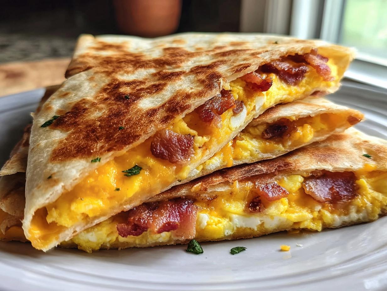 Close-up of a stacked bacon and egg breakfast quesadilla, one of the Breakfast Ideas Recipes in 20 Minutes.