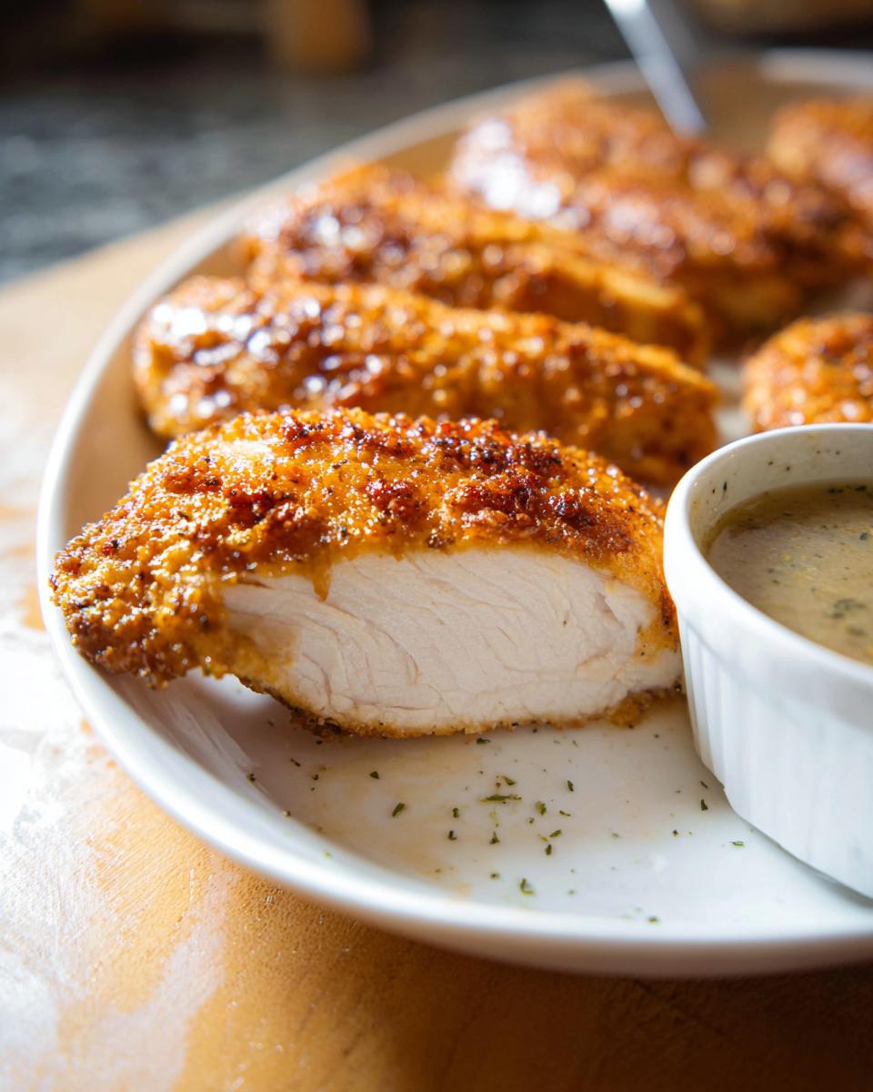 Cross-section of a perfectly cooked, juicy brined chicken breast showing white meat and golden crust.