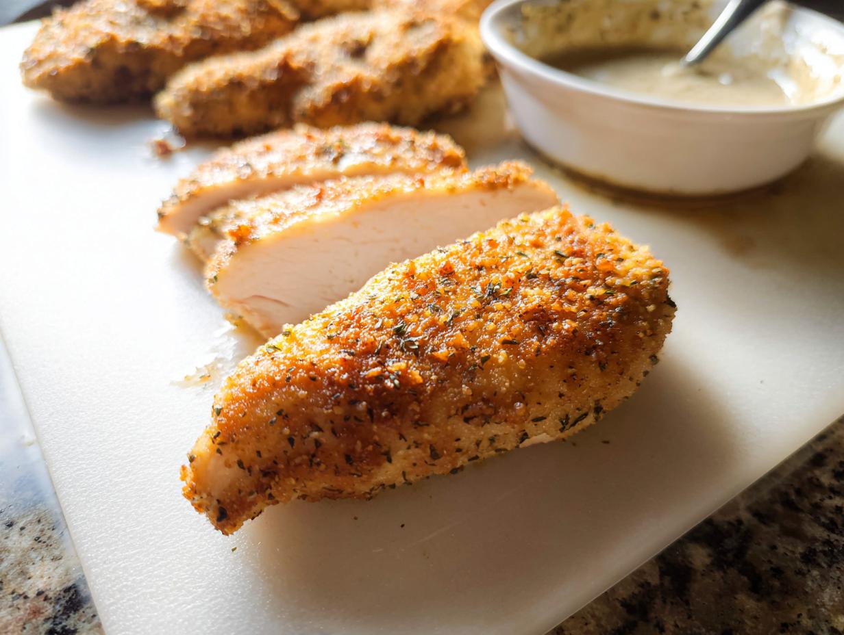 A close-up of a sliced, breaded chicken breast showing moist white meat from brined chicken breasts that never dry out.