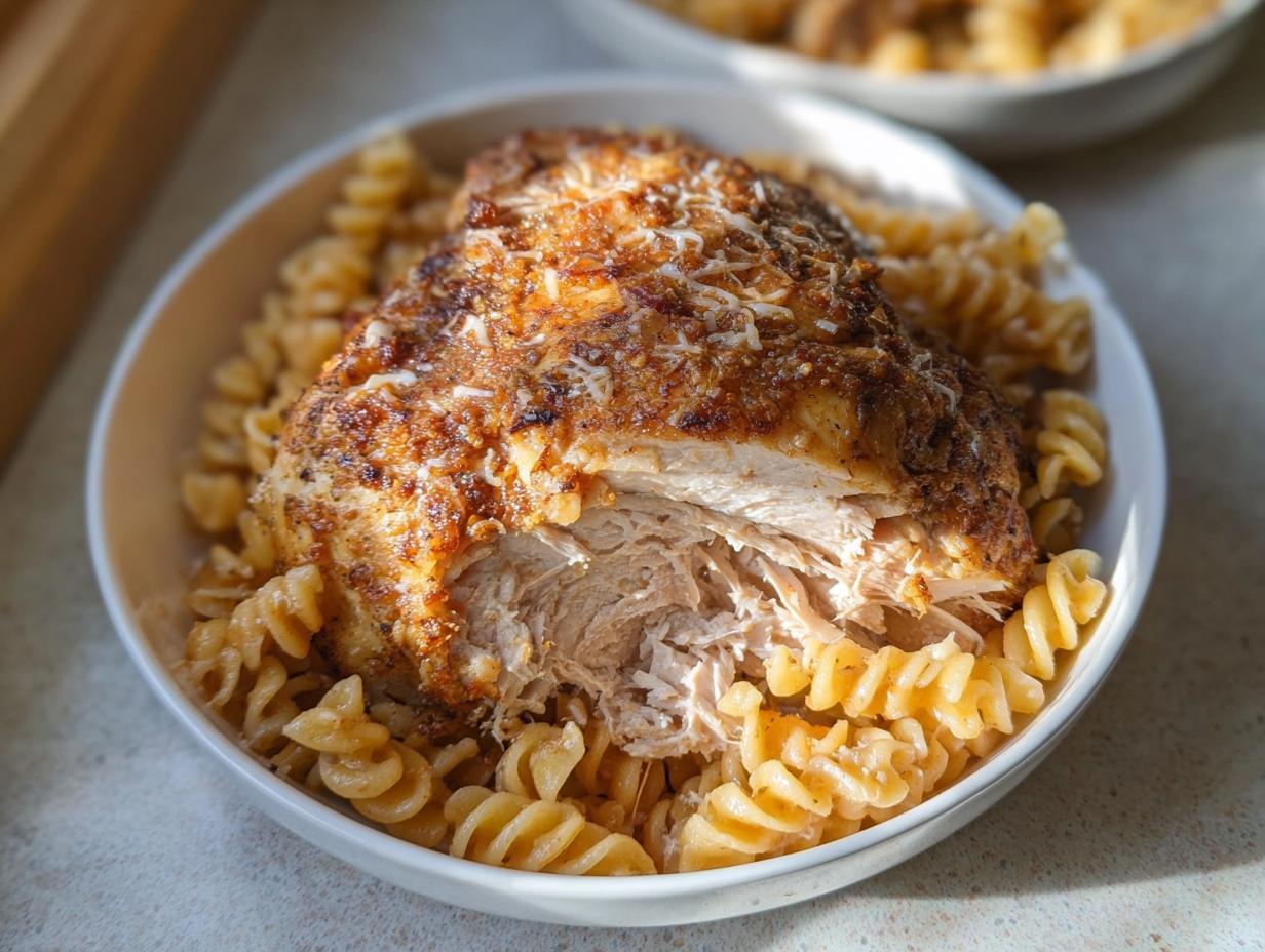 A bowl of rotini pasta topped with a seasoned, shredded chicken breast, perfect for Budget-Friendly Healthy Meal Prep Recipes.