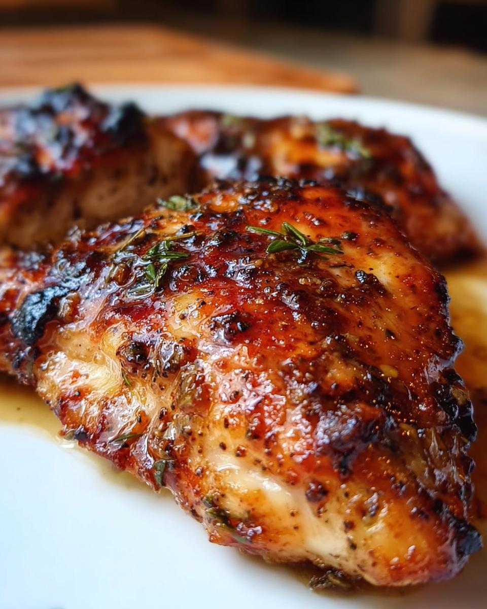 Close-up of a juicy, glazed Butterfly Chicken Breast topped with herbs.
