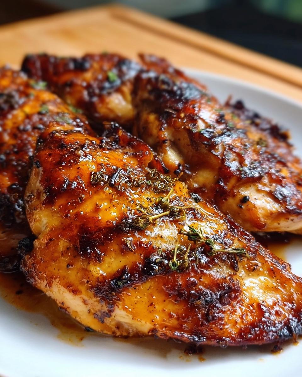 Close-up of three juicy Butterfly Chicken Breasts coated in a dark, glossy quick marinade and garnished with fresh thyme.