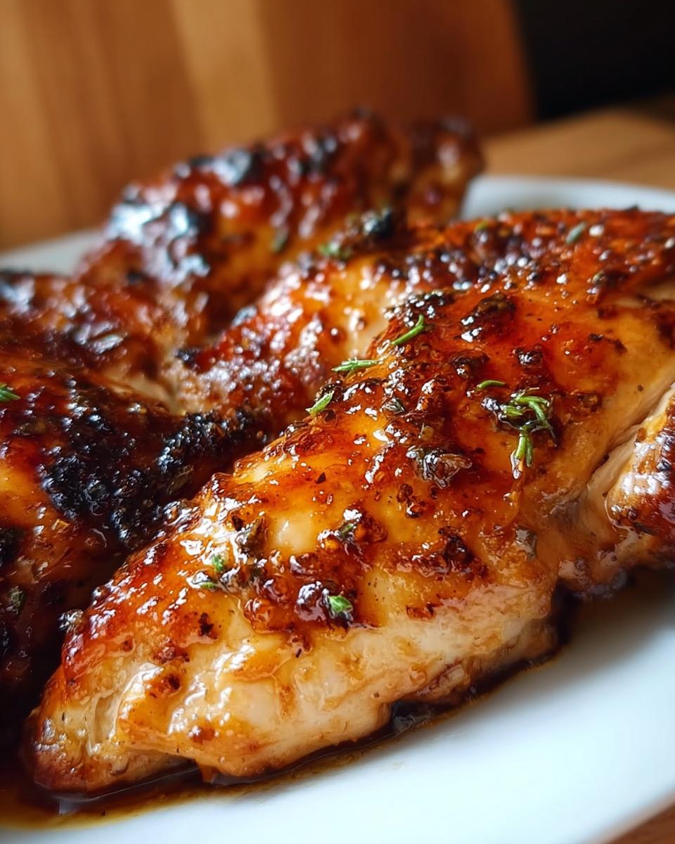 Close-up of juicy, glazed Butterfly Chicken Breasts topped with herbs.