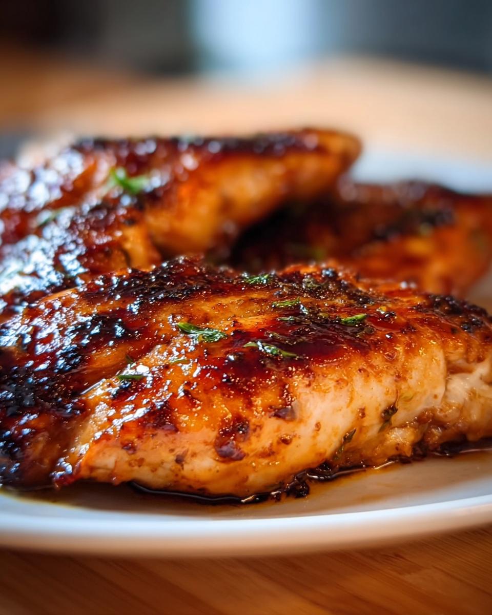 Close-up of perfectly cooked Butterfly Chicken Breasts with a shiny, dark glaze.