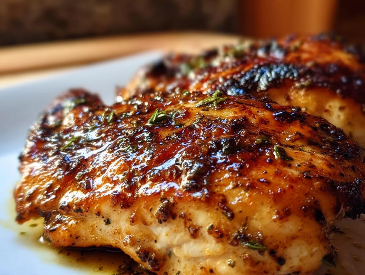 Close-up of juicy, glazed Butterfly Chicken Breasts seasoned with herbs.