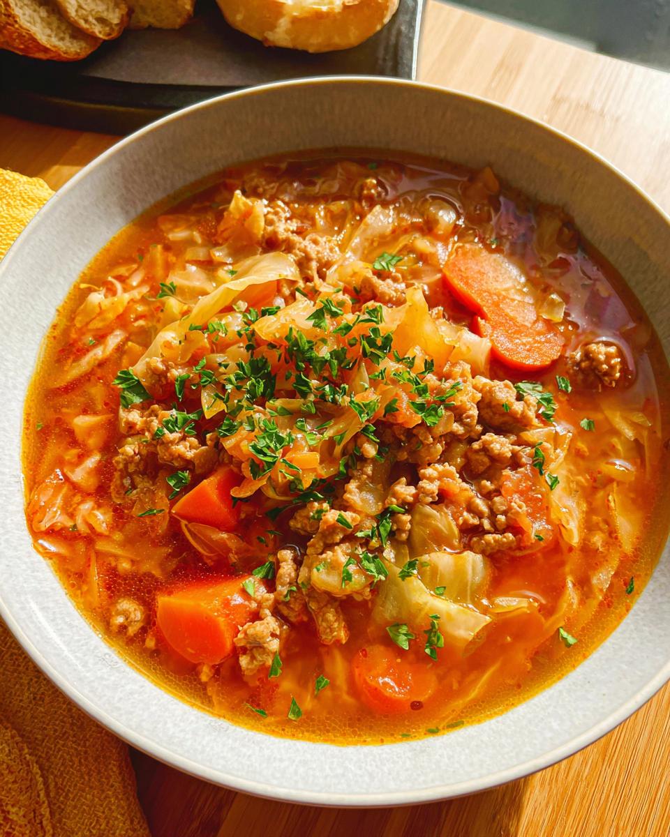 A bowl of hearty cabbage and ground meat soup, one of the Simple Healthy Meals with Everyday Ingredients.