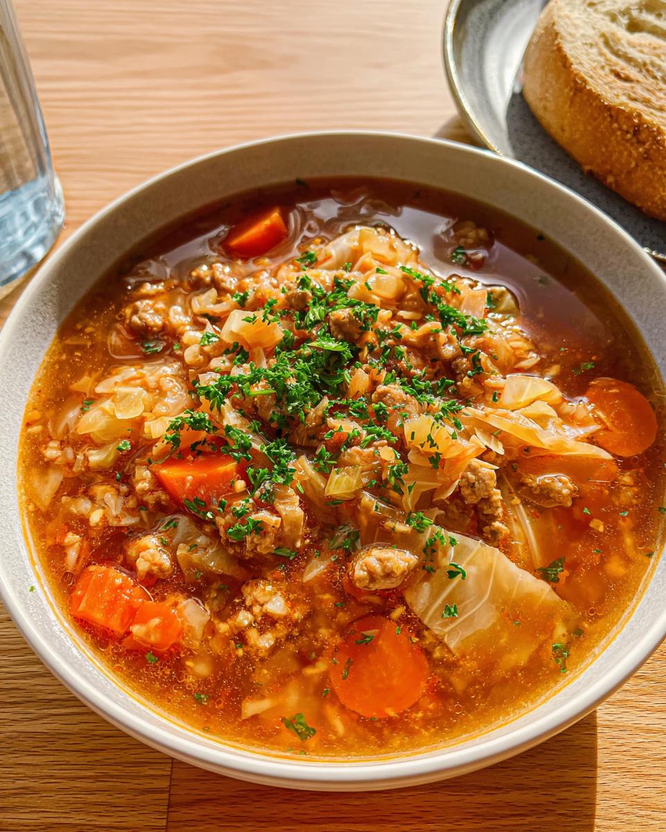 A bowl of hearty cabbage soup with ground meat, carrots, and herbs, perfect for simple healthy meals.