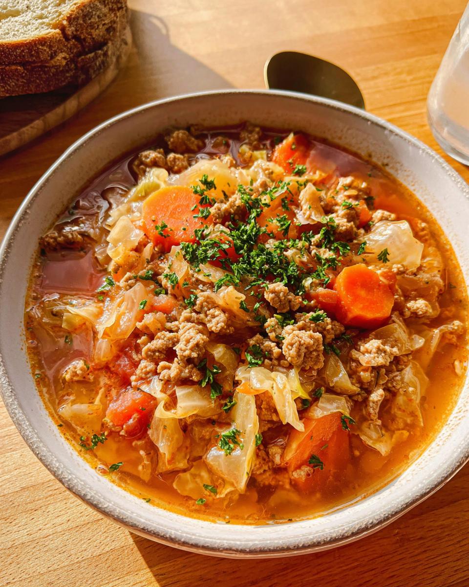 A bowl of hearty cabbage soup with ground meat, carrots, and tomatoes, perfect for simple healthy meals with everyday ingredients.