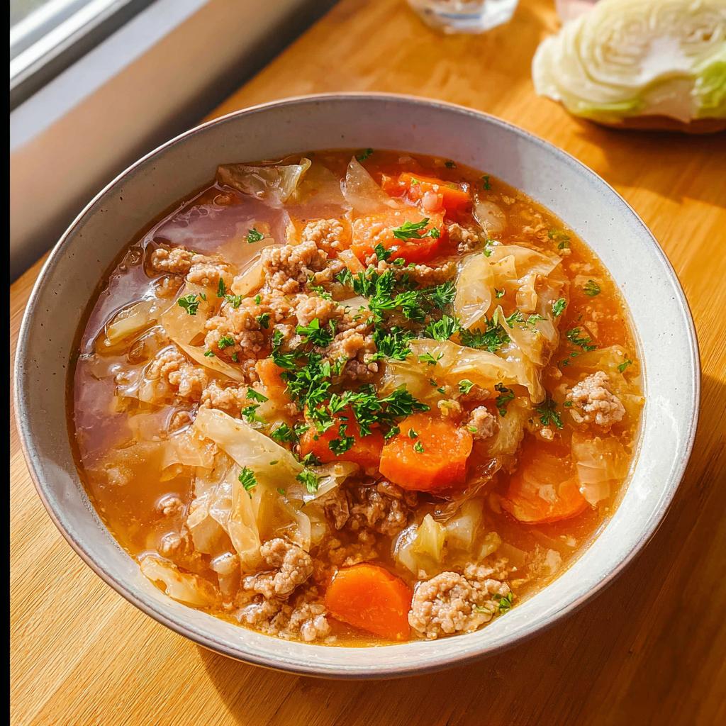 A bowl of hearty cabbage soup with ground meat, carrots, and parsley, perfect for simple healthy meals.