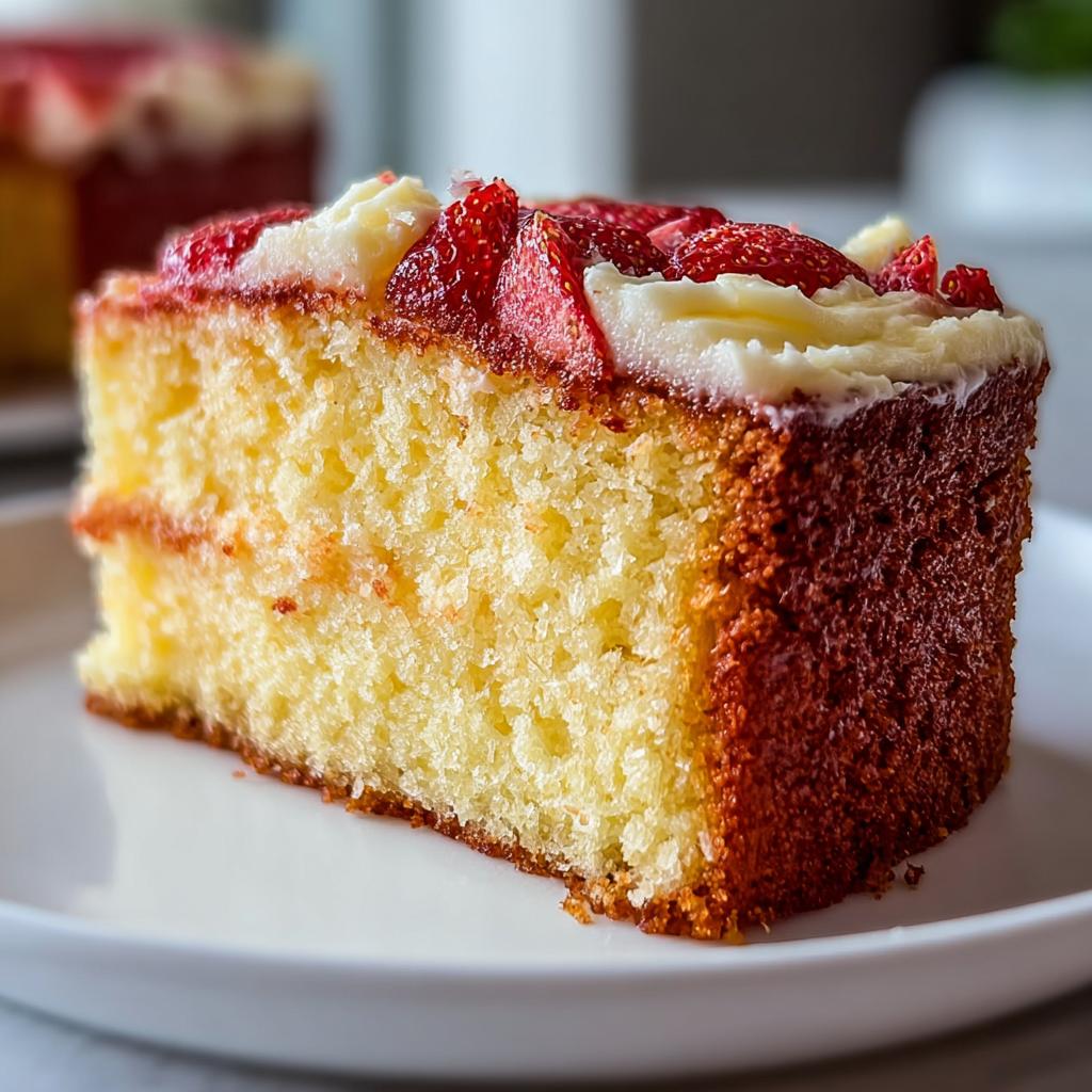 Close-up of a moist slice of yellow cake topped with white frosting and fresh strawberries, perfect for cake ideas recipes.