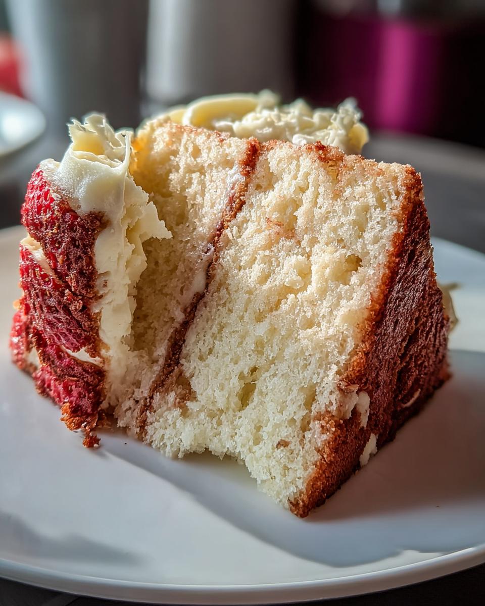 Close-up of a moist slice of layered cake with white frosting, perfect for cake ideas recipes.