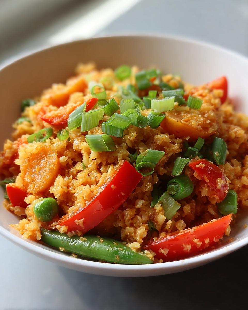 Close-up of cauliflower fried rice with red peppers, peas, and green onions, perfect for Clean Eating Dinner Recipes Made Easy.