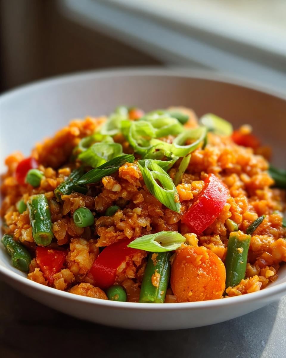 Vibrant bowl of cauliflower rice mixed with green beans, red peppers, and peas, topped with green onions, perfect for Clean Eating Dinner Recipes Made Easy.