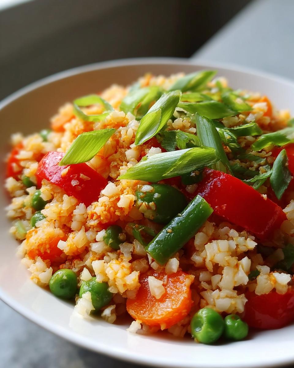 Close-up of a bowl of cauliflower rice stir-fry with bright red peppers, green peas, carrots, and scallions, perfect for Clean Eating Dinner Recipes Made Easy.