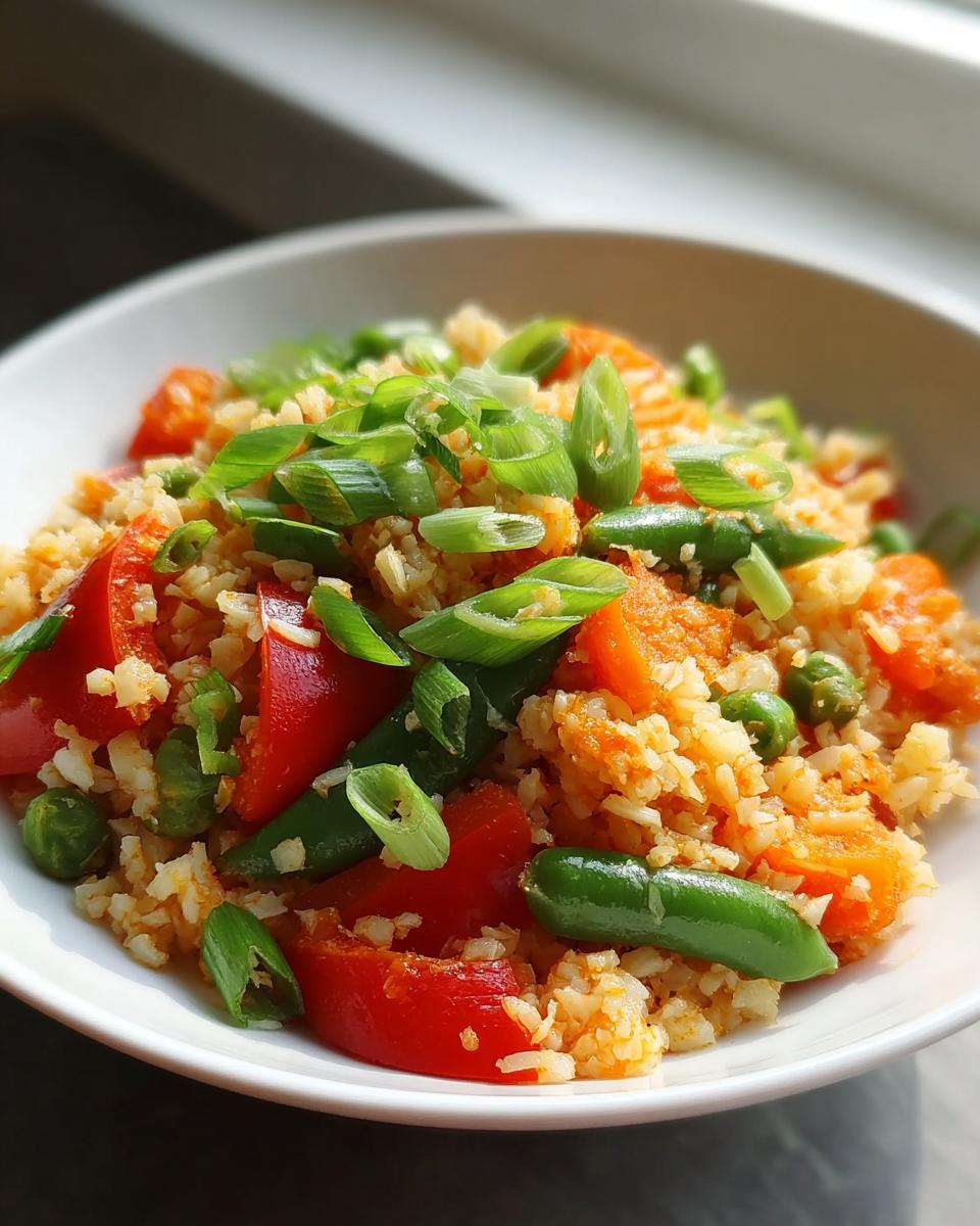 A bowl of colorful cauliflower rice stir-fry with red peppers, carrots, peas, and green onions, perfect for Clean Eating Dinner Recipes Made Easy.