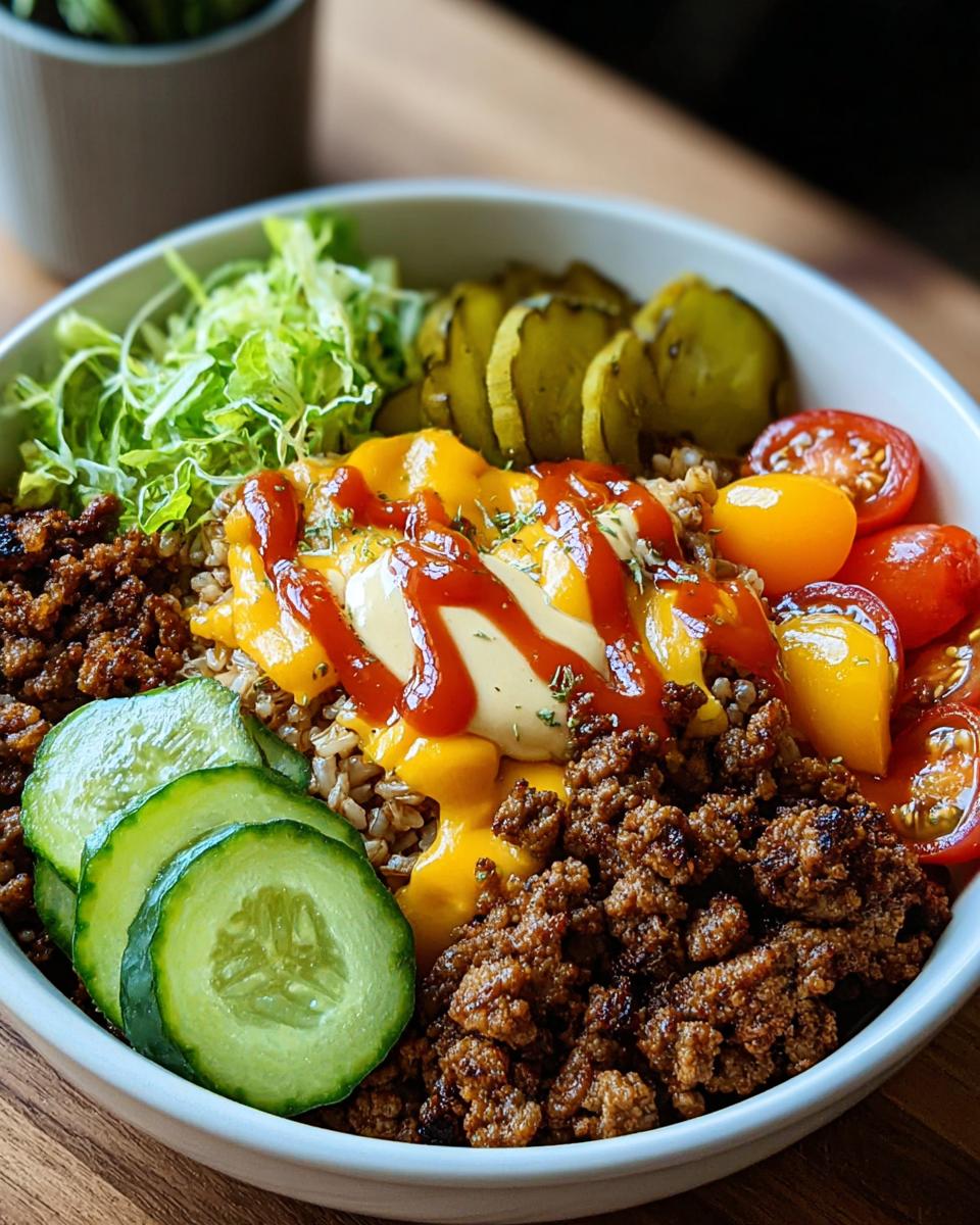 A vibrant cheeseburger bowl featuring ground meat, grains, melted cheese, sauces, pickles, and fresh vegetables, perfect for Light & Nutritious Dinner Recipes.