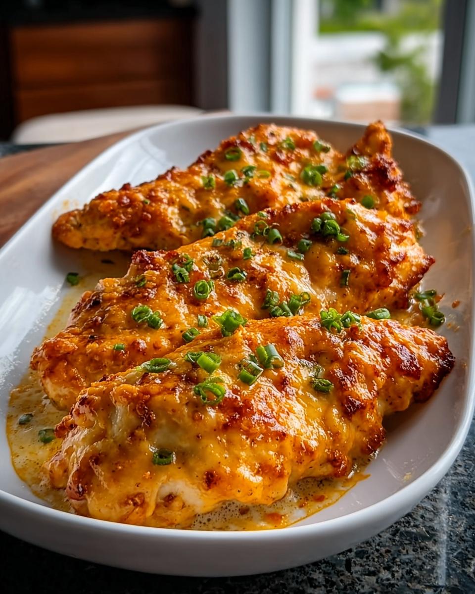 Three pieces of baked chicken breasts topped with melted, bubbly orange cheese and chopped green onions.