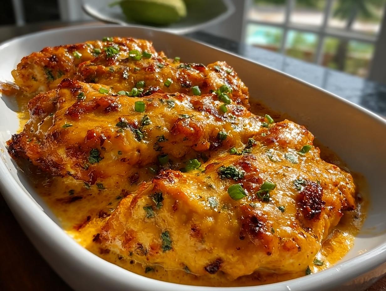 Three baked chicken breasts covered in melted, bubbly orange cheese sauce and garnished with chives.