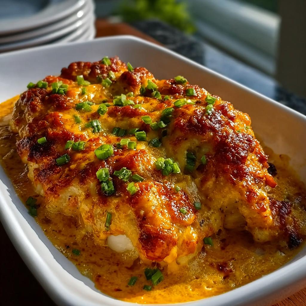 Close-up of baked chicken breasts smothered in rich, cheesy sauce and topped with fresh green chives.