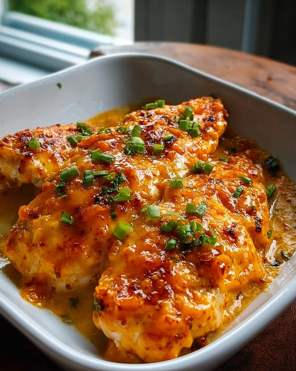 Two baked chicken breasts covered in a rich, cheesy orange sauce and topped with fresh green onions.