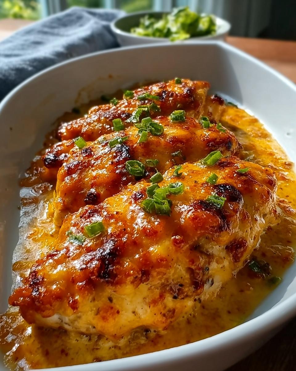 Three baked chicken breasts covered in melted, bubbly cheese sauce and topped with green onions.