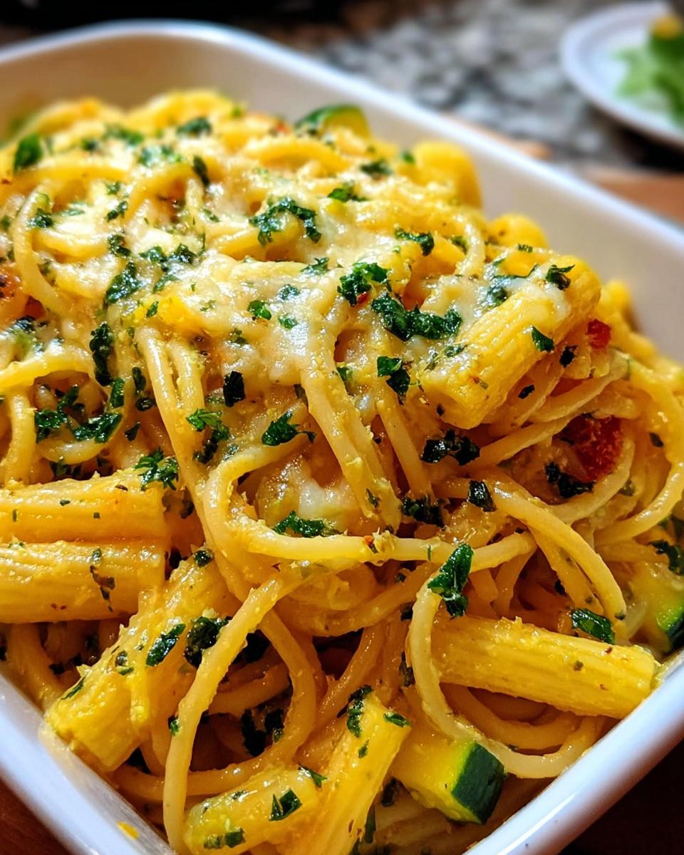 Close-up of baked pasta with melted cheese, zucchini, and fresh parsley, perfect for Pasta Recipes Meal Prep.