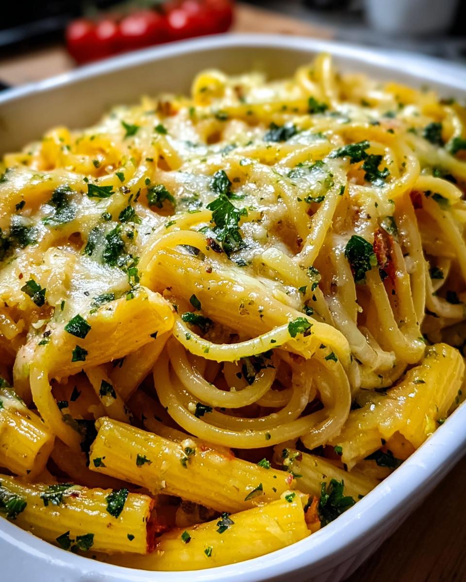 Close-up of baked pasta with melted cheese and fresh parsley, perfect for Pasta Recipes Meal Prep.