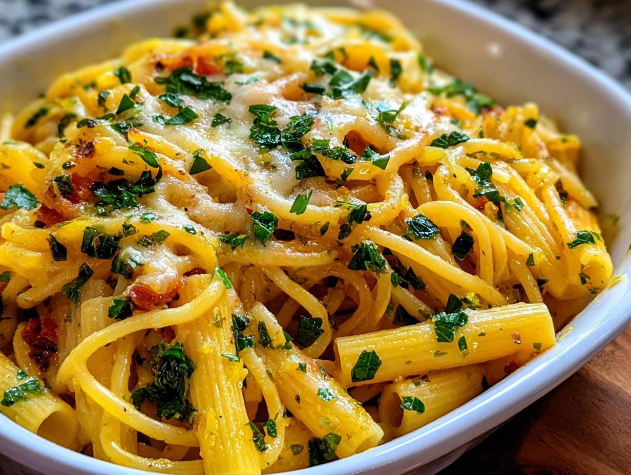 Close-up of a baked pasta dish featuring spaghetti and penne mixed in a creamy sauce, topped with melted cheese and fresh parsley, ideal for Pasta Recipes Meal Prep.
