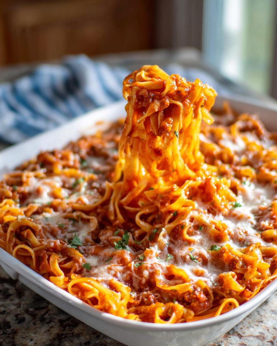 A serving of cheesy baked pasta recipes being lifted from a white dish, showing long noodles coated in rich meat sauce.
