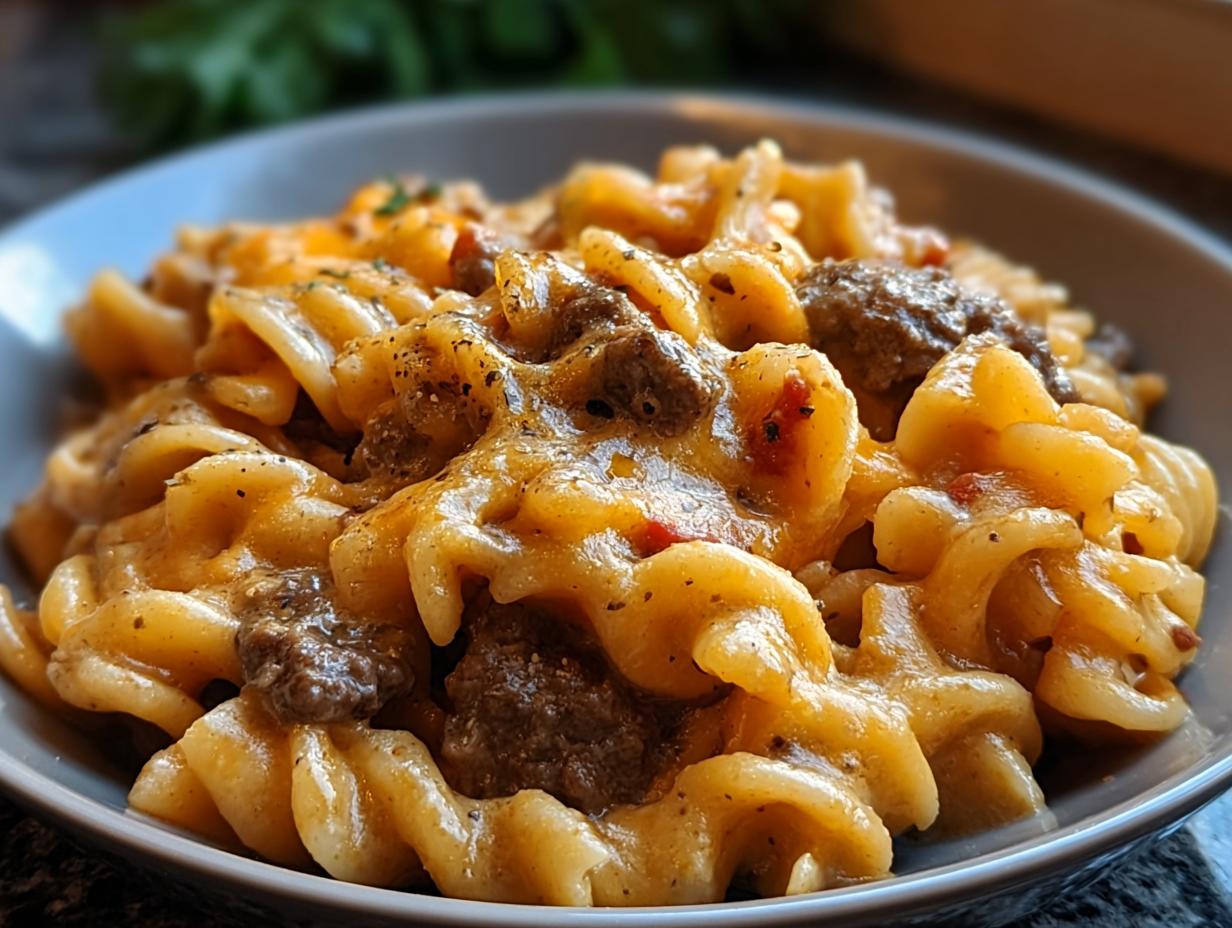 Close-up of cheesy rotini pasta mixed with seasoned ground beef, illustrating how to make pasta recipes like a pro.