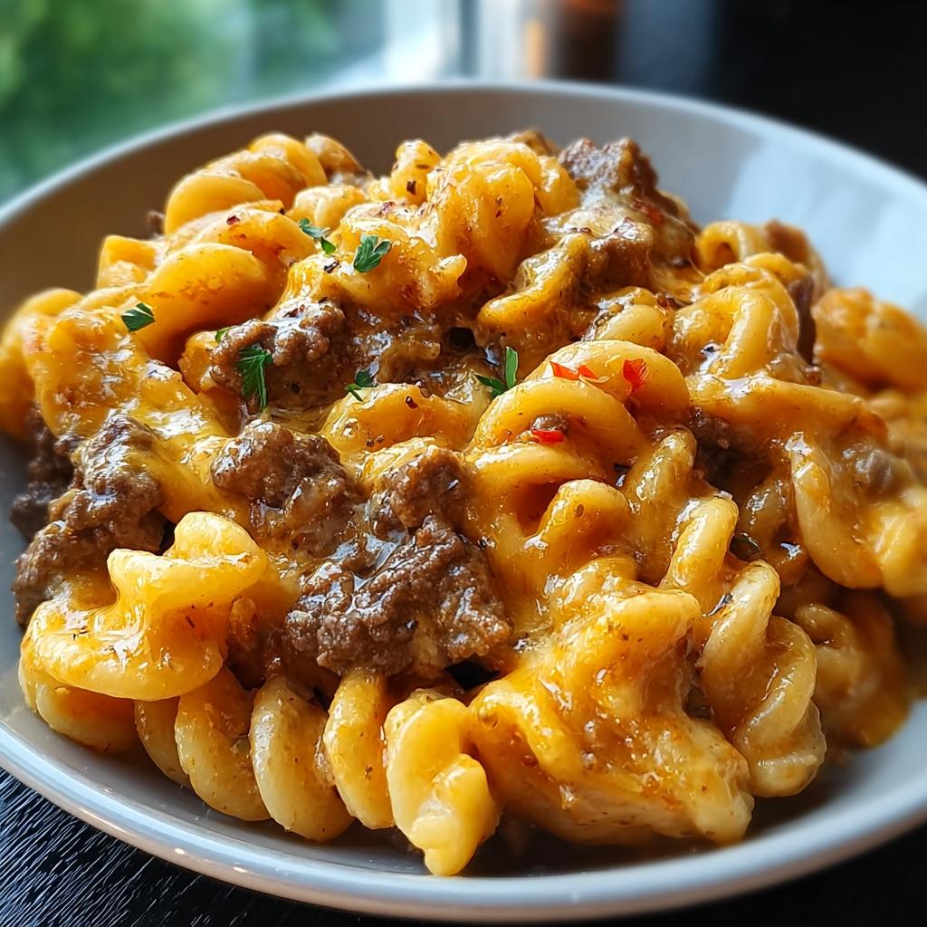 Close-up of creamy, cheesy pasta with ground beef, illustrating delicious pasta recipes.