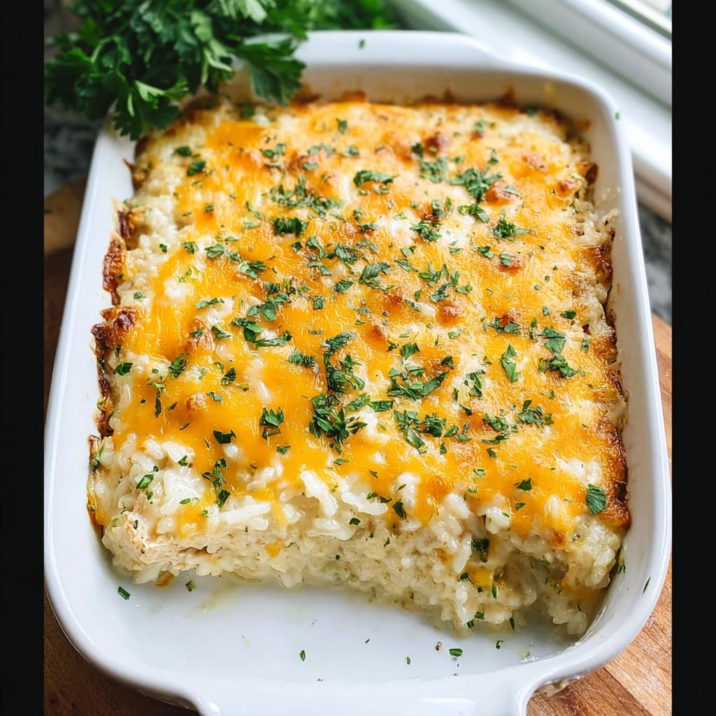 A baked Cheesy Chicken and Rice Bake topped with melted cheddar and fresh parsley in a white dish.