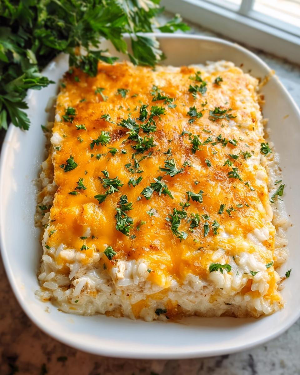 A square serving of Cheesy Chicken and Rice Bake topped with melted cheddar and fresh parsley.