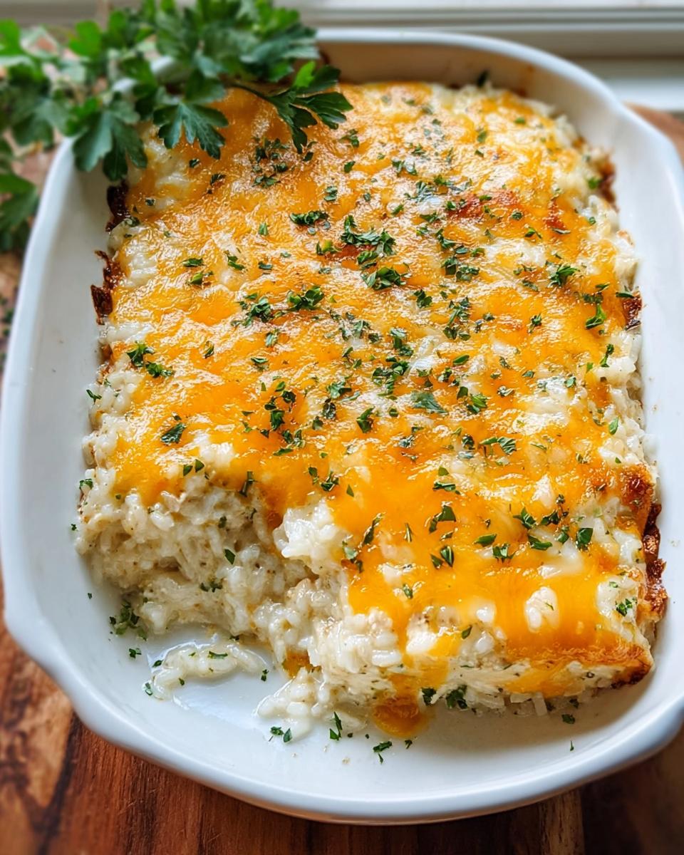A baked Cheesy Chicken and Rice Bake casserole topped with melted cheddar cheese and fresh parsley.