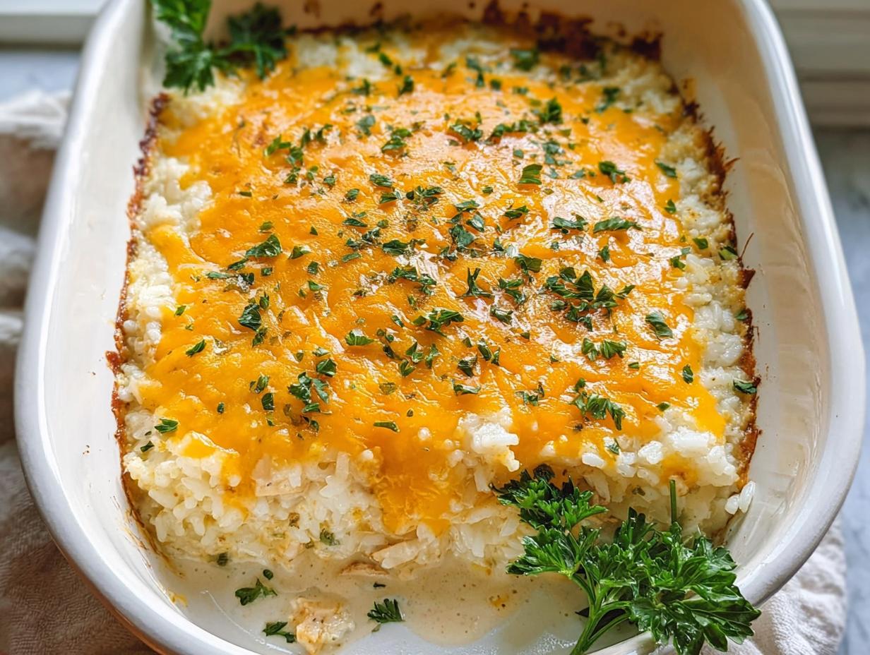 A close-up of a Cheesy Chicken and Rice Bake with melted cheddar cheese and parsley garnish.