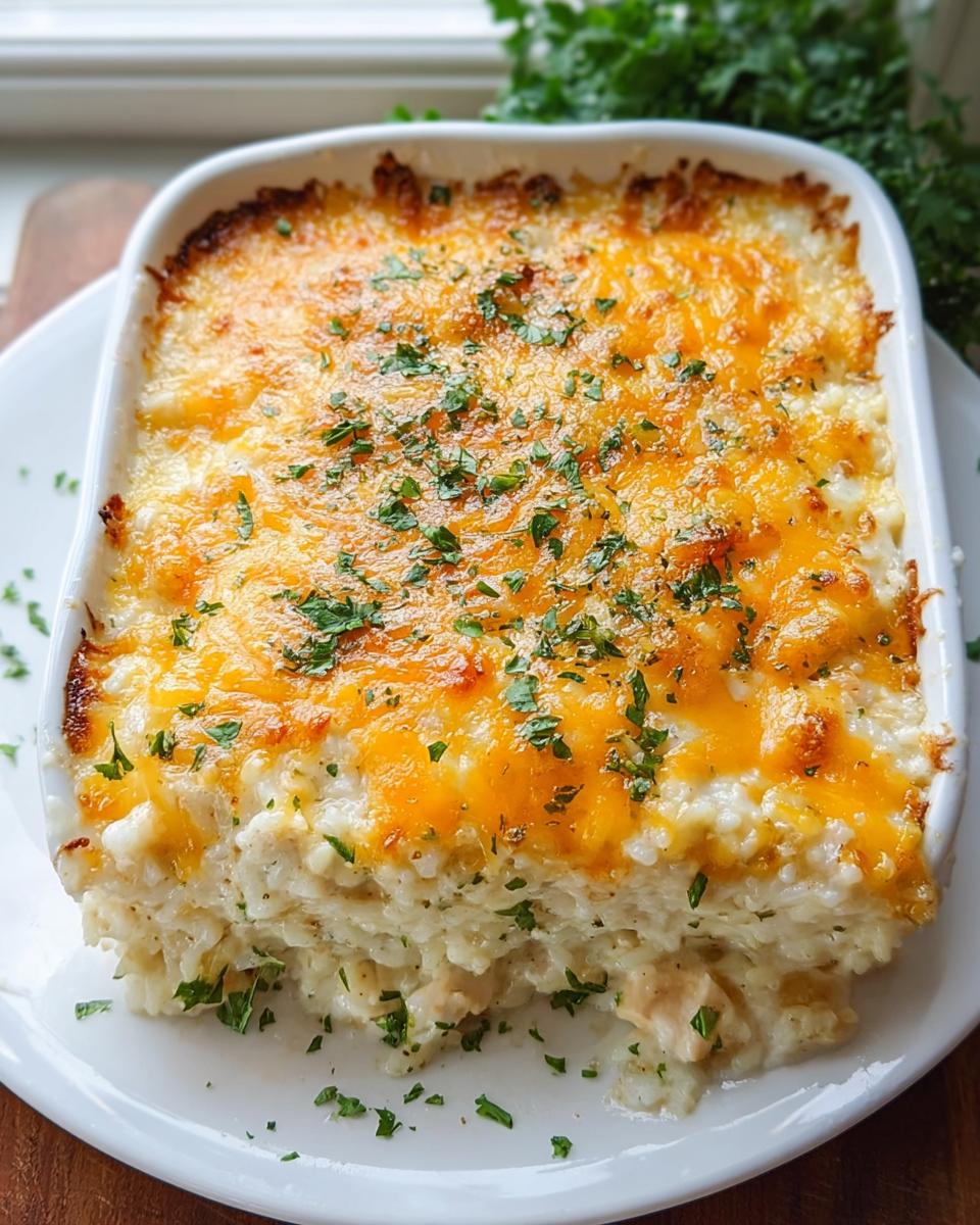 A close-up of a baked Cheesy Chicken and Rice Bake topped with melted cheddar and parsley.