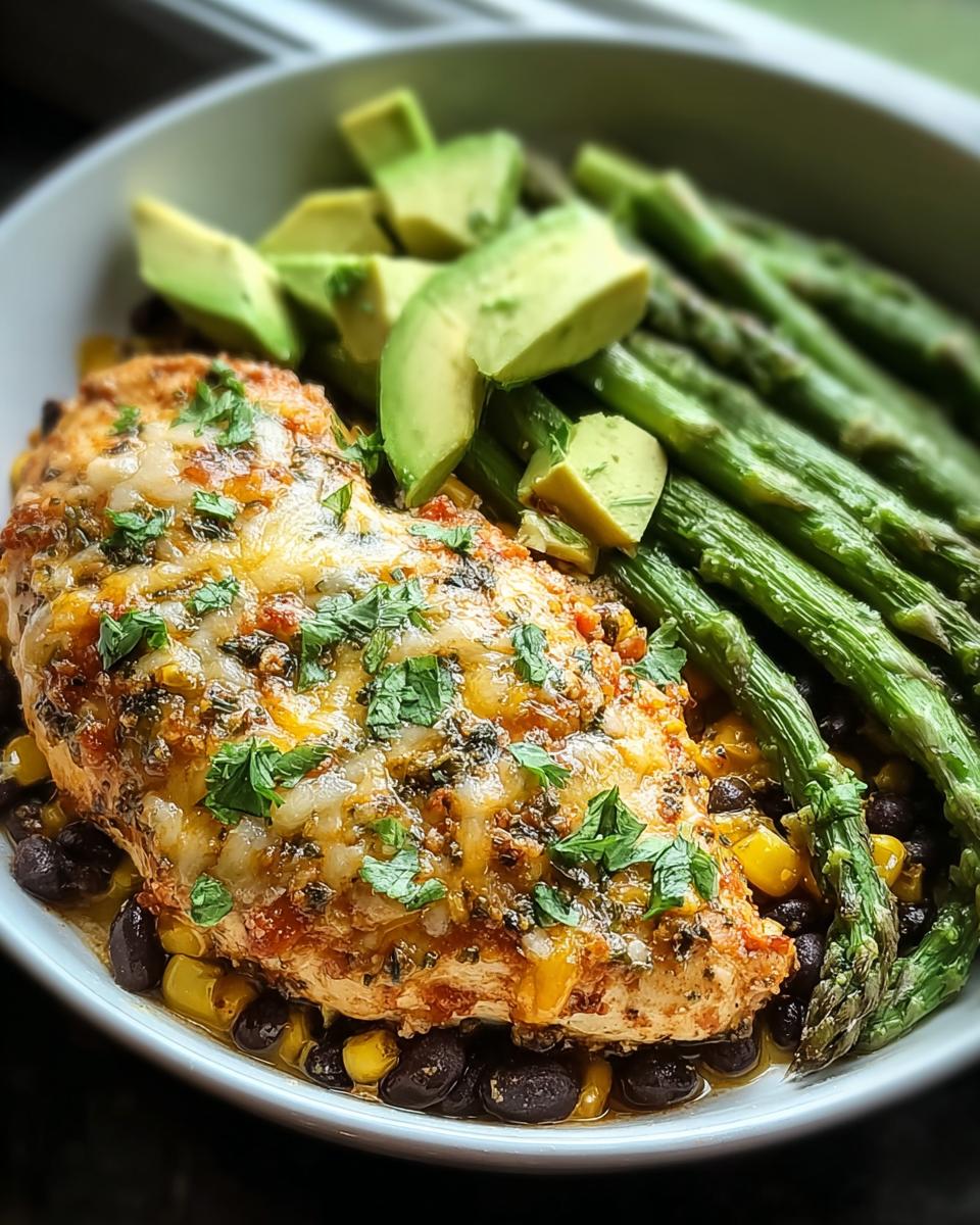 A cheesy baked chicken breast served over black beans and corn, with roasted asparagus and avocado slices, perfect for Healthy One-Pan Recipes.