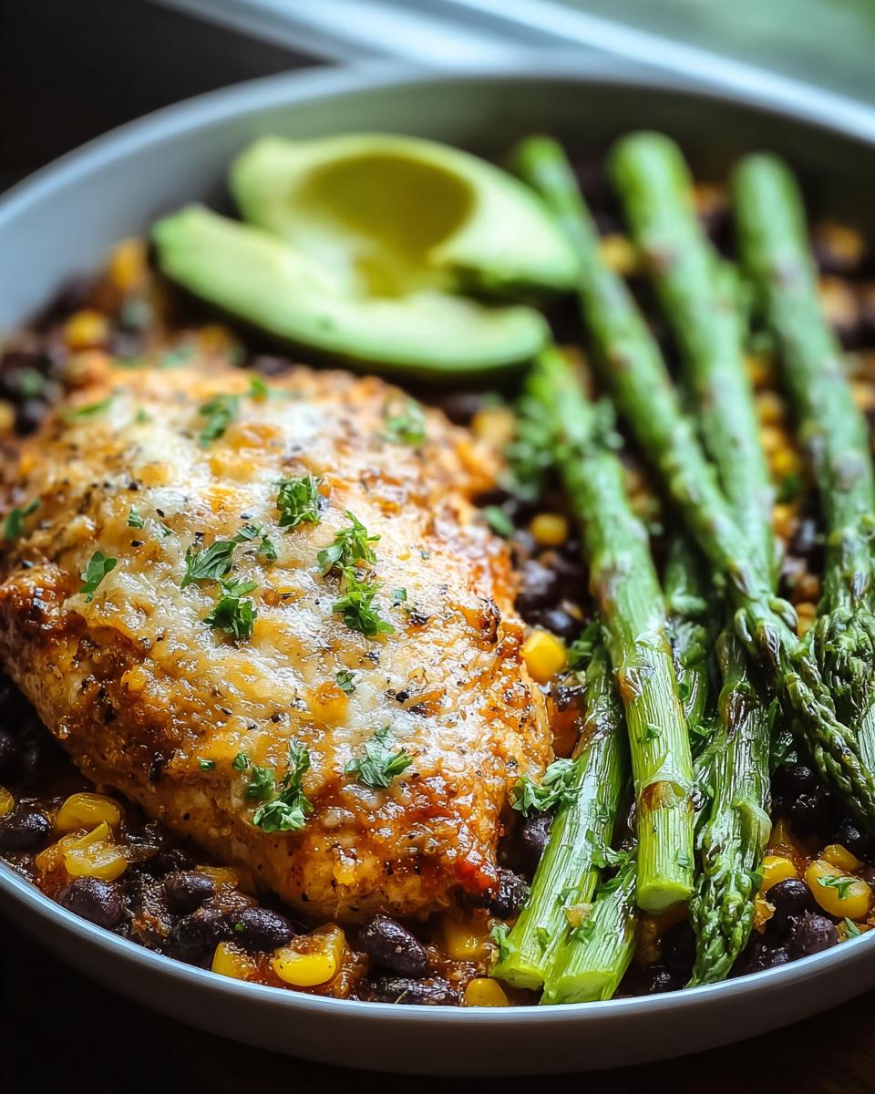 Close-up of a cheesy baked chicken breast served over black beans and corn, with roasted asparagus and avocado slices, perfect for Healthy One-Pan Recipes.