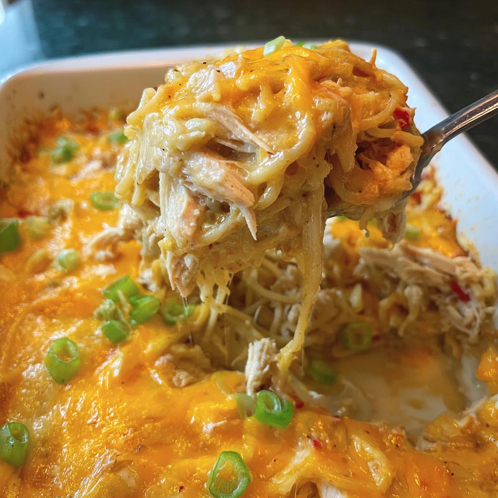 A spoonful of creamy chicken and noodle casserole topped with melted cheddar cheese, part of our Healthy Family Dinners That Kids Enjoy.