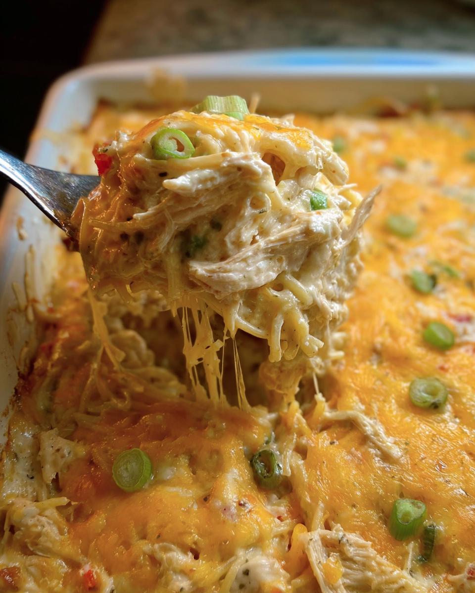 A fork lifting a cheesy, creamy serving of shredded chicken casserole, a great option for Healthy Family Dinners That Kids Enjoy.