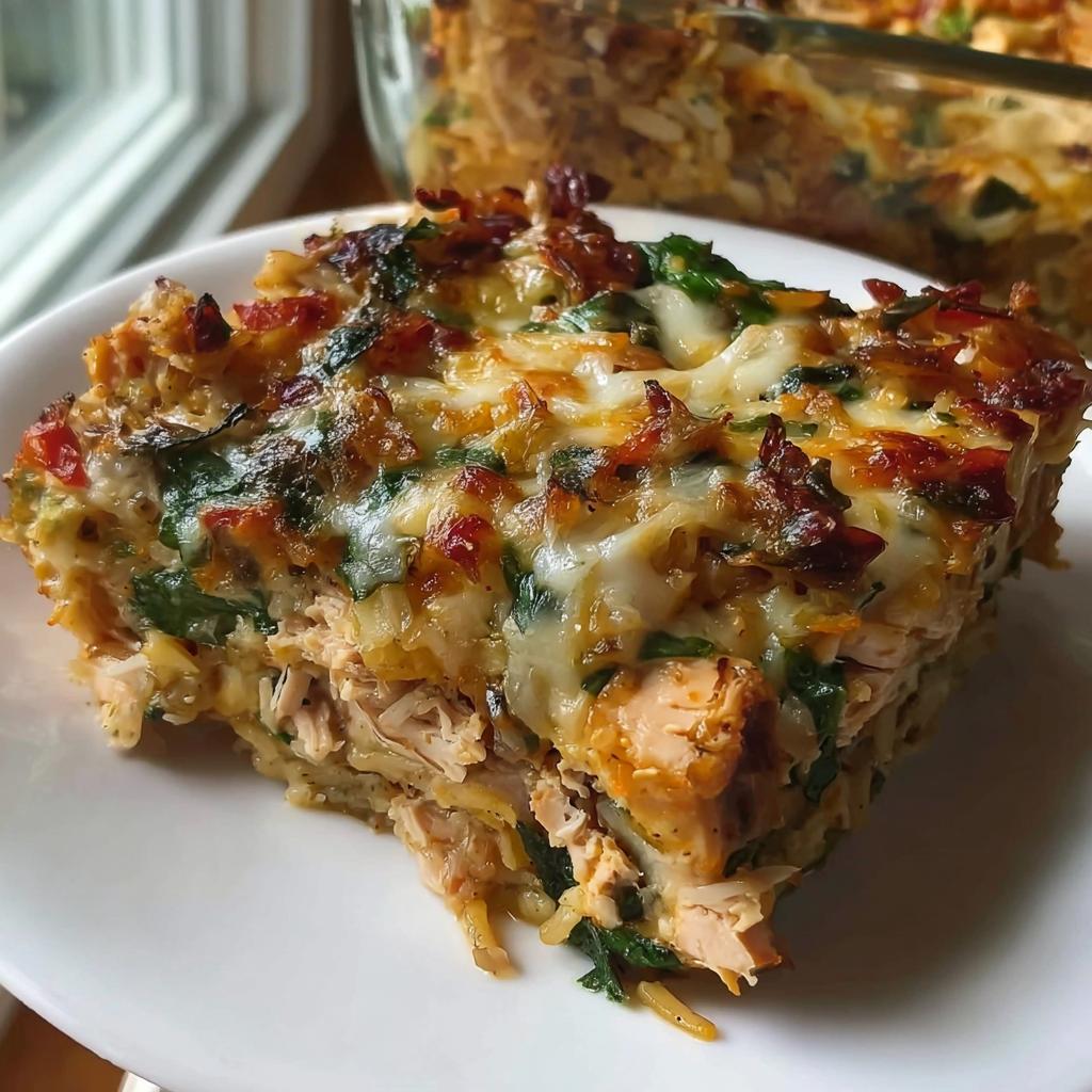 Slice of cheesy chicken and spinach casserole, perfect for healthy meal prep recipes.