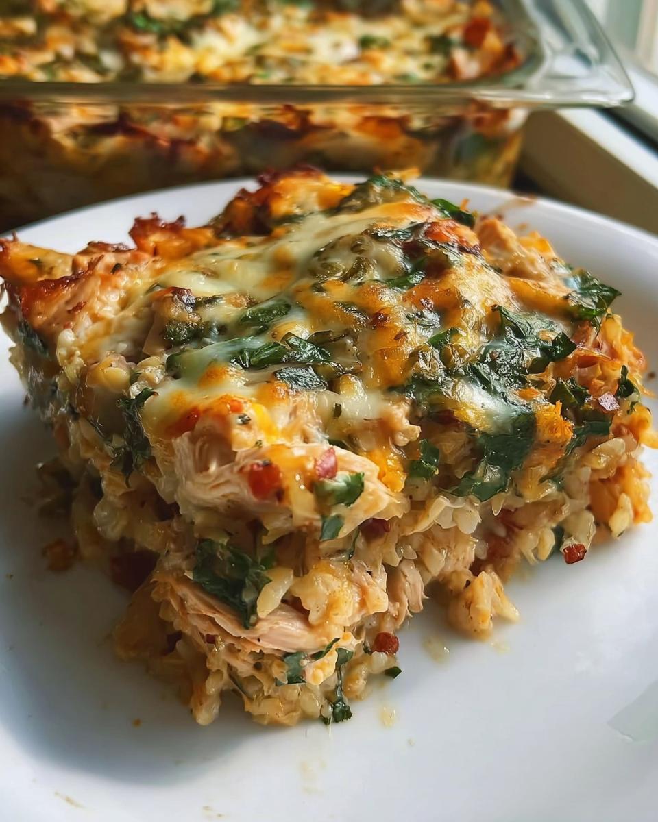A serving of cheesy chicken and rice casserole, perfect for Healthy Meal Prep Recipes for Busy People.