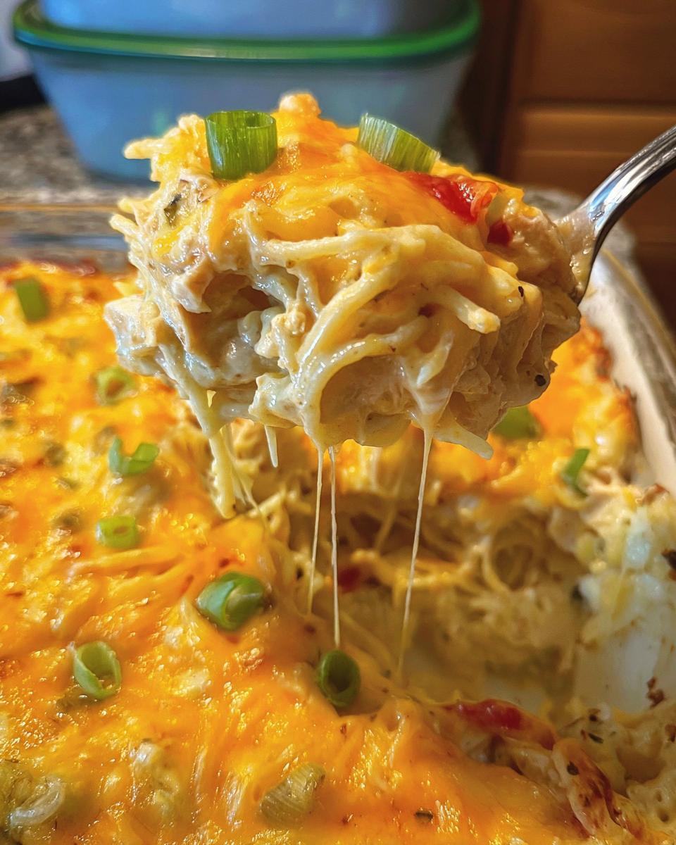 A spoonful of cheesy chicken spaghetti casserole being lifted, showing melted cheese strings, a great option for Healthy Family Dinners That Kids Enjoy.