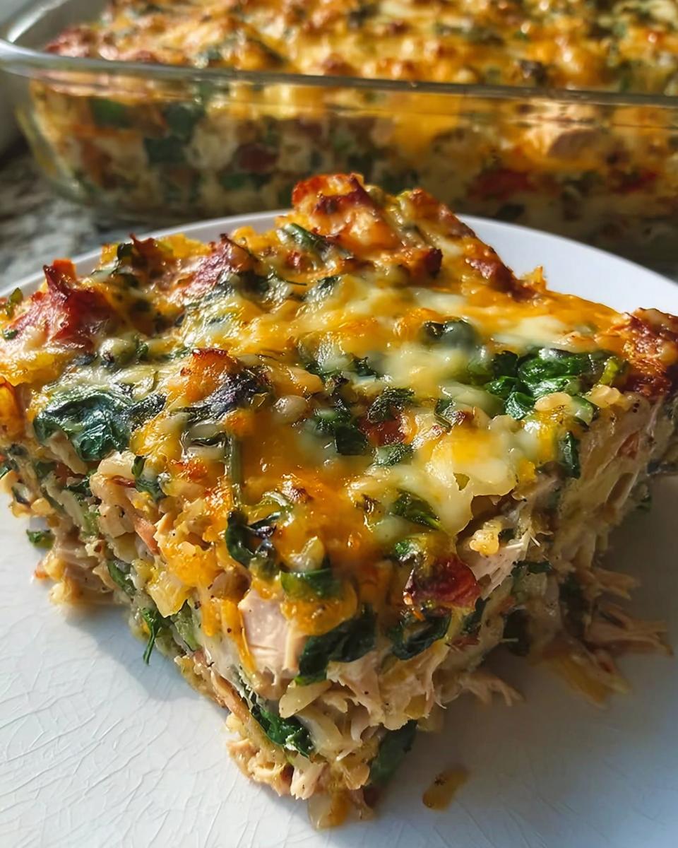 Slice of cheesy chicken and spinach casserole, a great option for Healthy Meal Prep Recipes for Busy People.